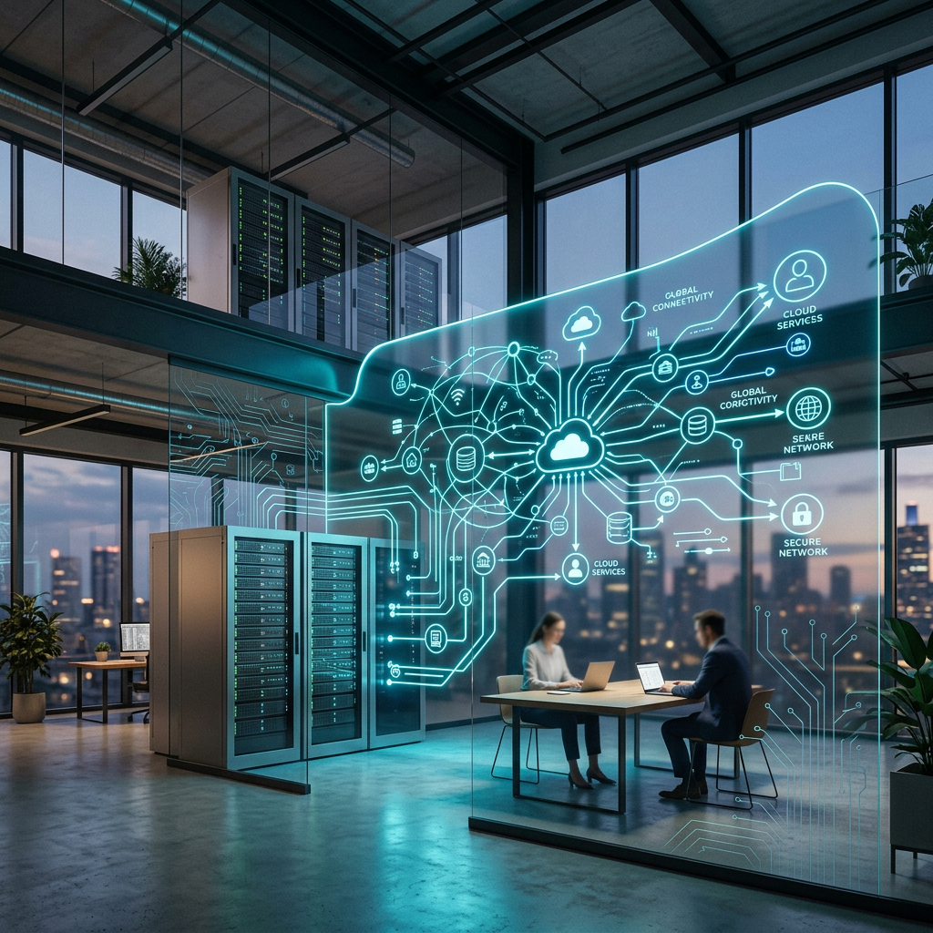 Server racks and two workers beside cloud network diagram labeled Cloud Services, Global Connectivity, and Secure Network