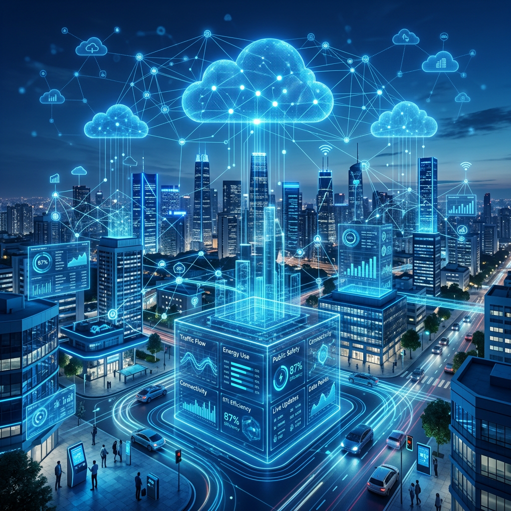 Futuristic smart city with connected clouds, data dashboards, and illuminated traffic networks